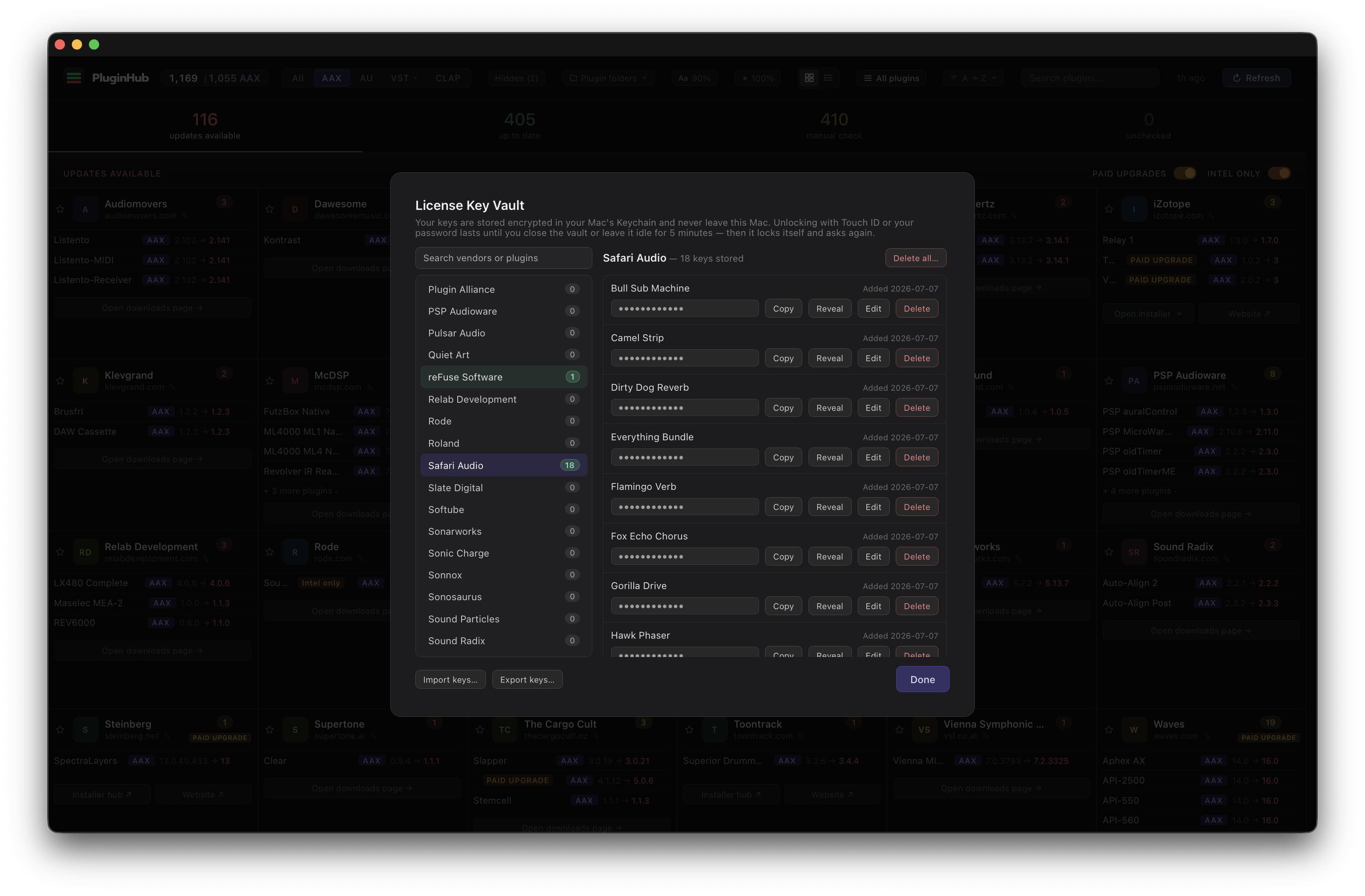 PluginHub — License Key Vault open over the dashboard