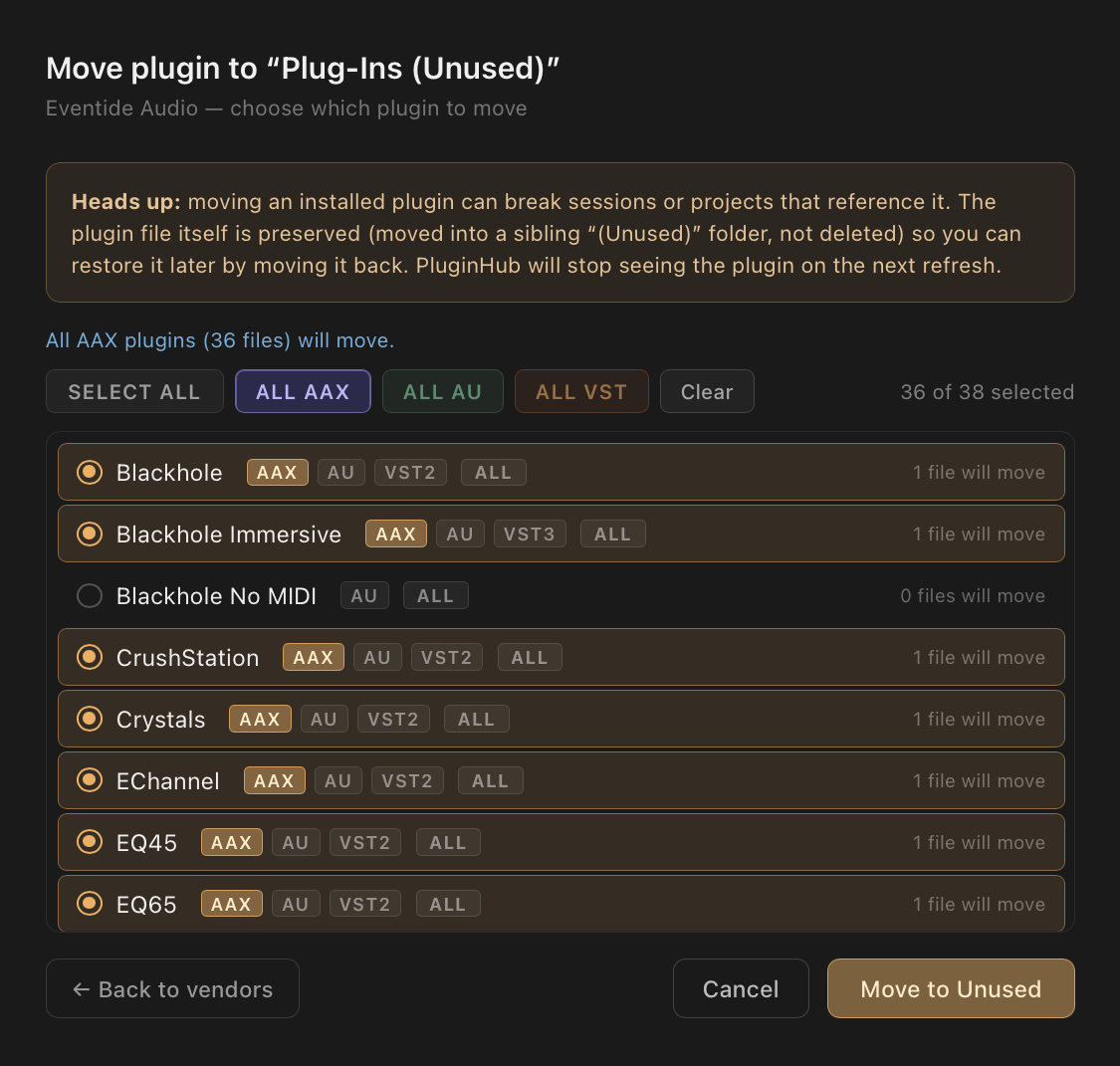 Move to Unused modal with pill row and format checkboxes