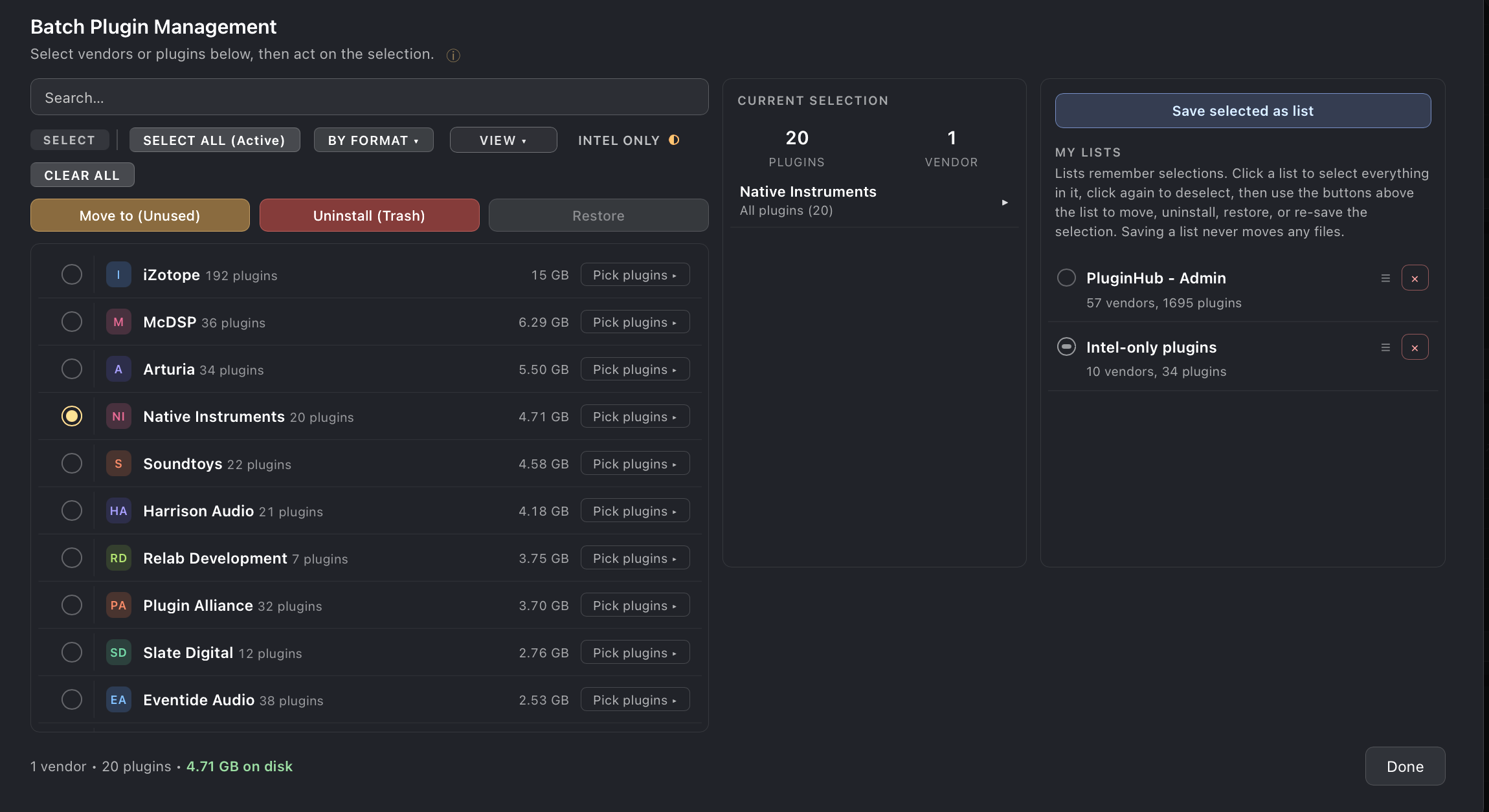 Batch Plugin Management window: Move to (Unused), Uninstall (Trash), and Restore buttons on top; SELECT ALL (Active), SELECT ALL (Inactive), and CLEAR ALL pills; a searchable vendor list with per-vendor Pick plugins dropdowns on the left; the current selection in the middle; saved lists with a Save selected as list button on the right.