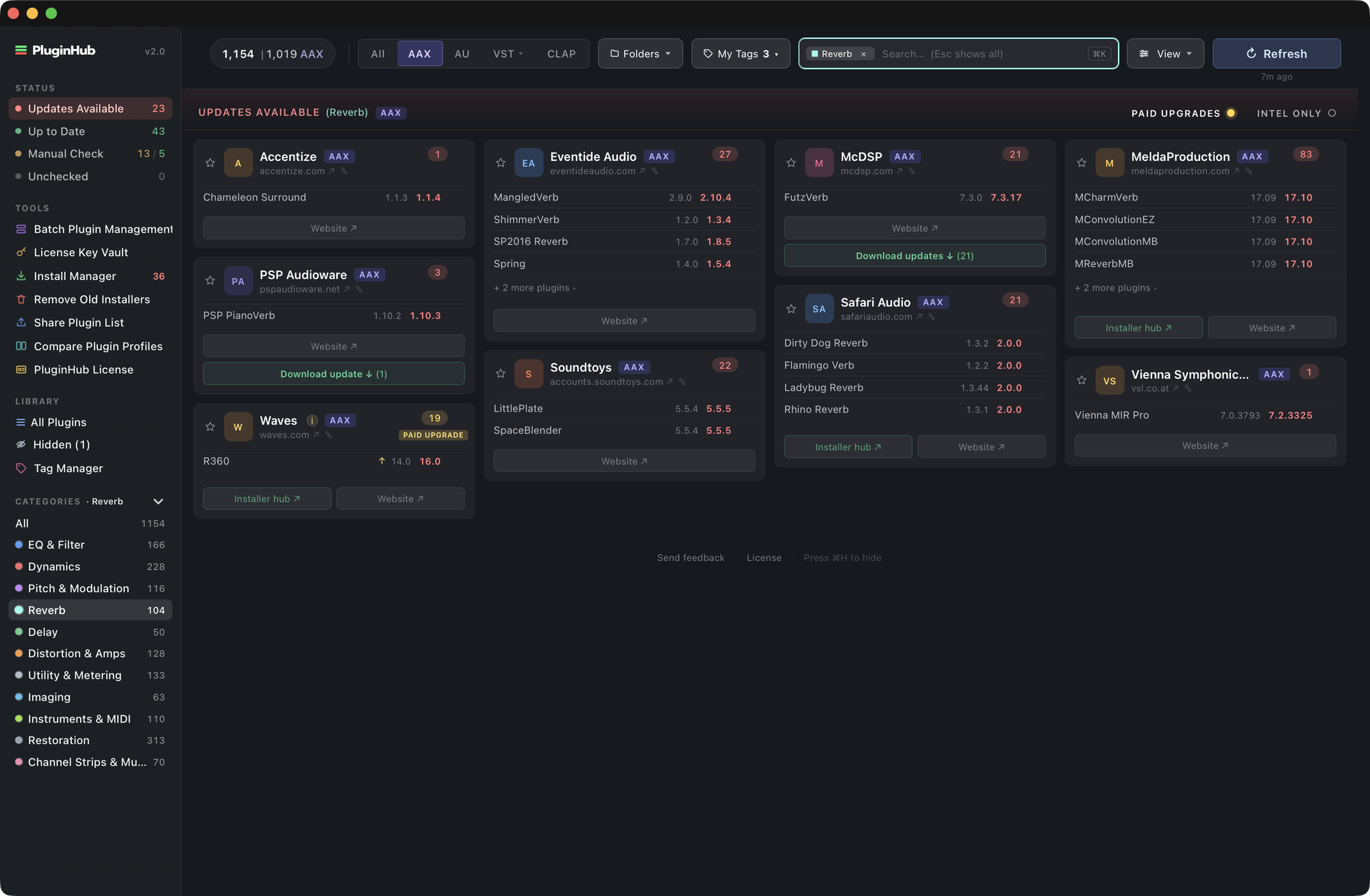 Dashboard filtered to the Reverb category: the sidebar Reverb row highlighted, a Reverb chip in the top bar, and only reverbs on the vendor cards