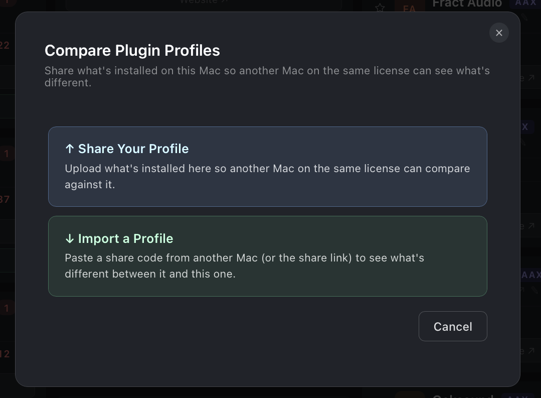 Compare Plugin Profiles entry modal with paste-code field and create-share button.