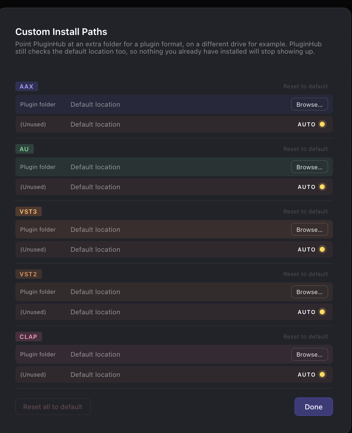 Custom Install Paths window with a Plugin folder and (Unused) row per format, Browse buttons, AUTO toggles, and per-format Reset to default