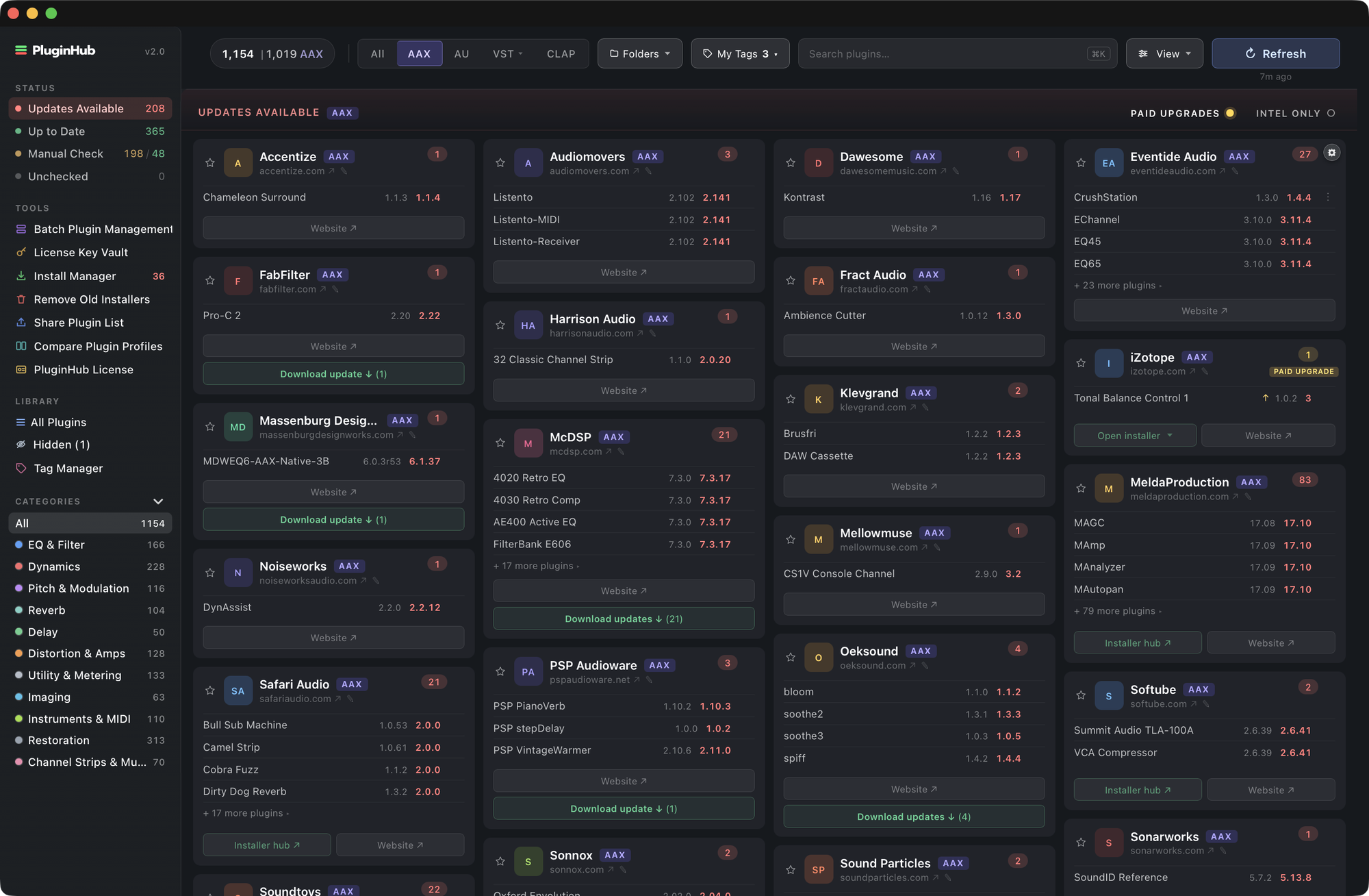 PluginHub 2.0 dashboard: sidebar on the left with Status, Tools, Library and Categories, vendor cards in the middle, format filter and search across the top