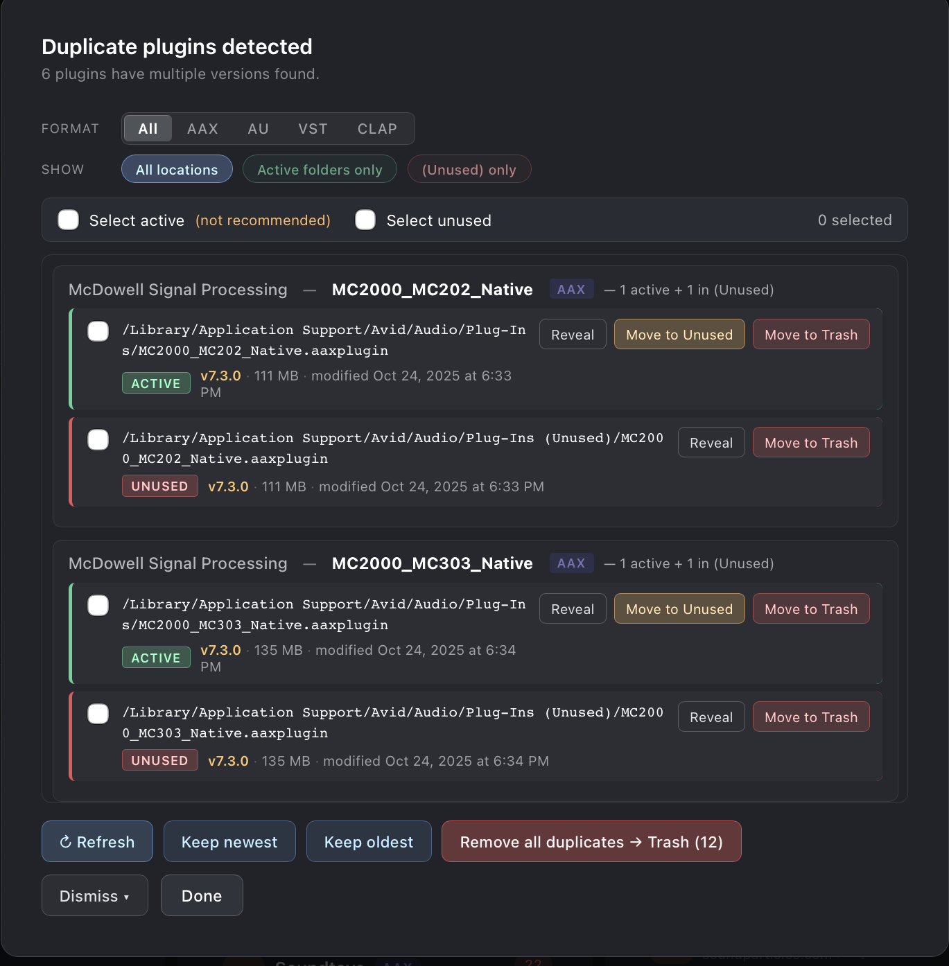 Duplicate plugins detected modal with FabFilter Pro-C 2 and Pro-C 3 grouped, format and location filter pills, per-row Reveal/Move to Unused/Move to Trash buttons.