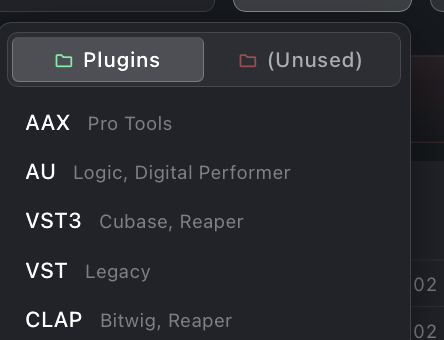 Plugin folders dropdown showing AAX, AU, VST3, VST, CLAP entries