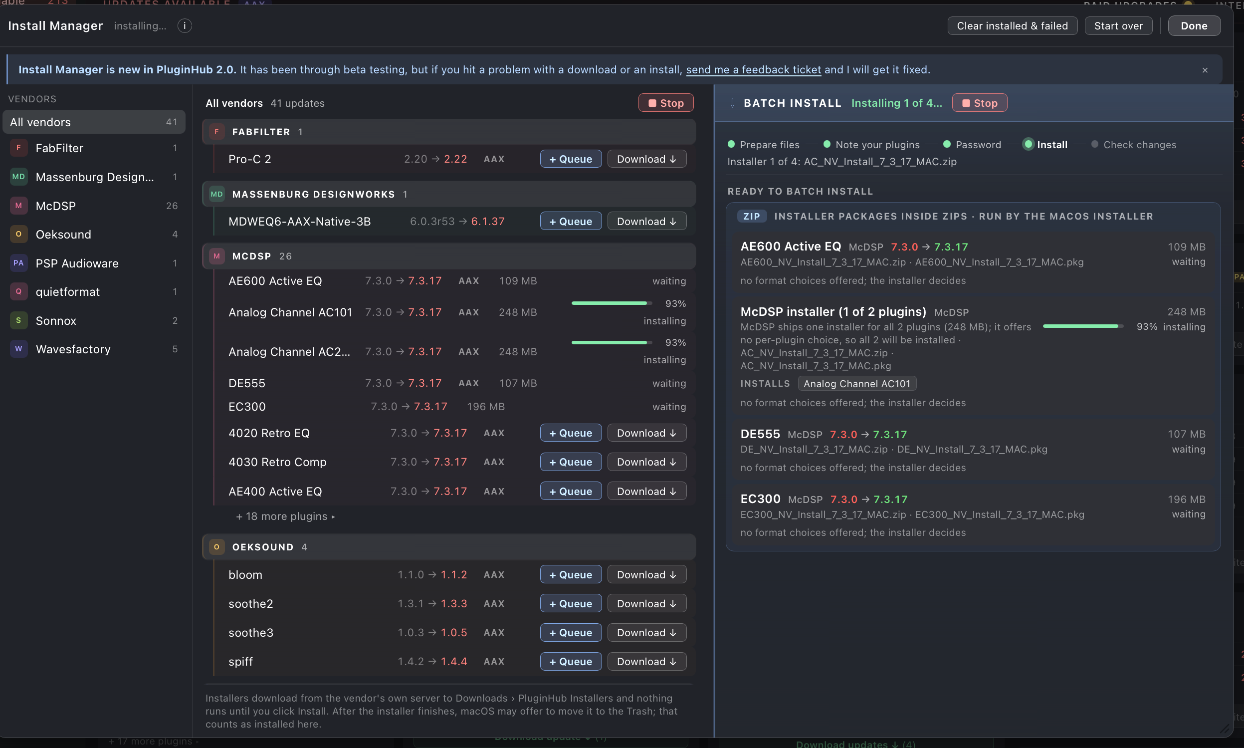 Install Manager part-way through a batch, rows reporting downloading and installing states