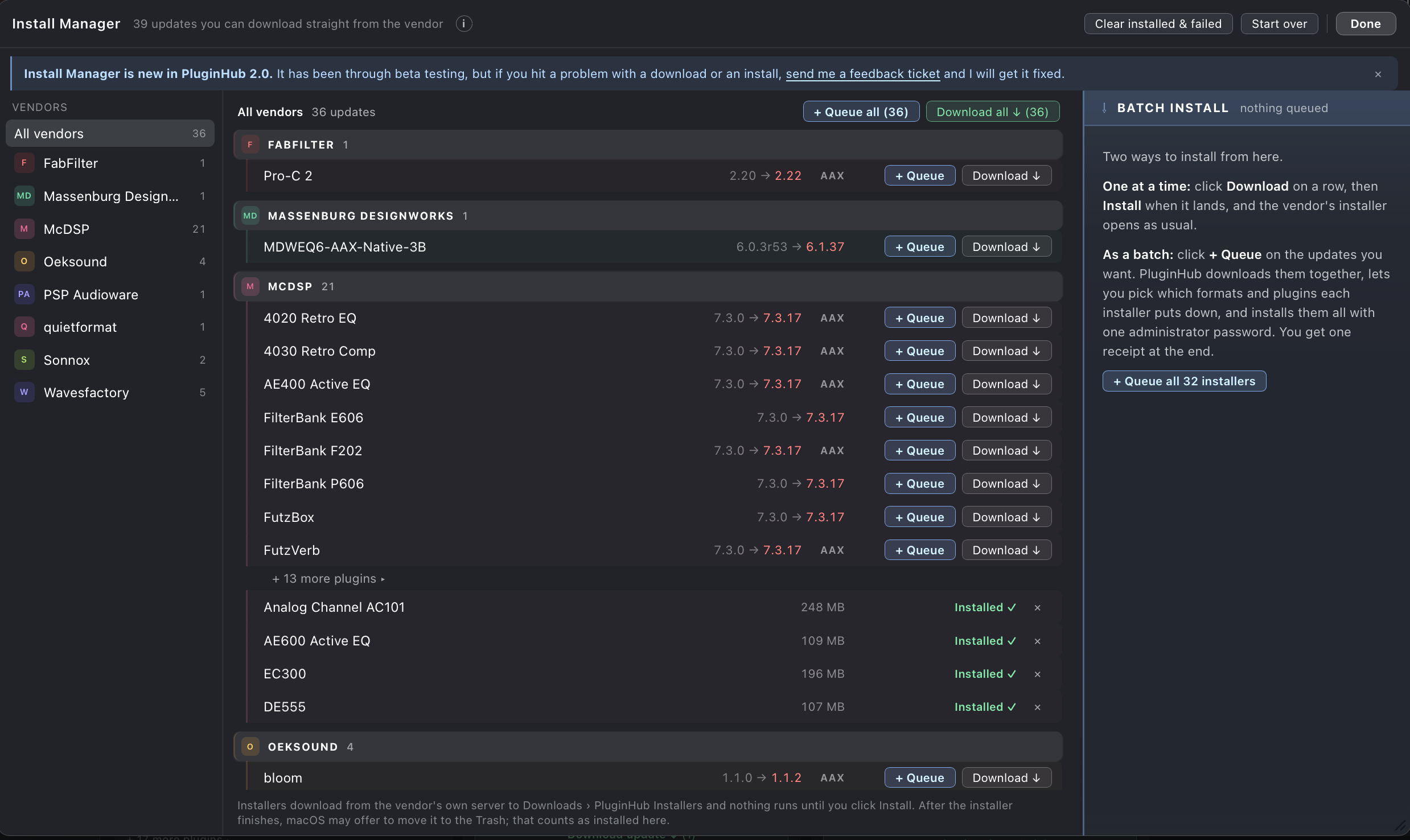 Install Manager window: vendor list on the left, one row per available download with Queue and Download buttons in the middle, batch install panel on the right