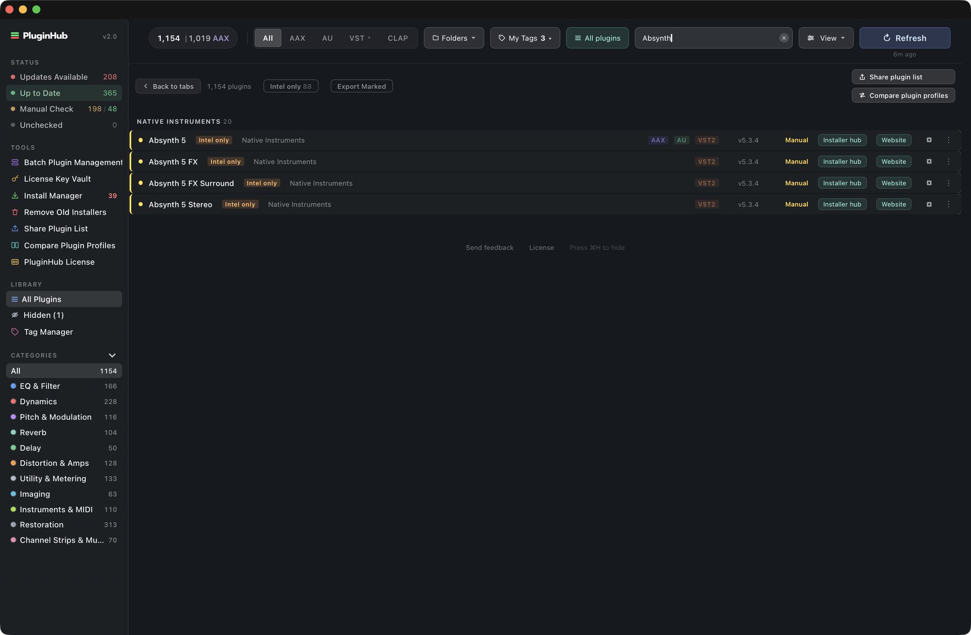 The All Plugins view with a search applied, showing Native Instruments rows with Intel only badges, format tags, versions and row actions
