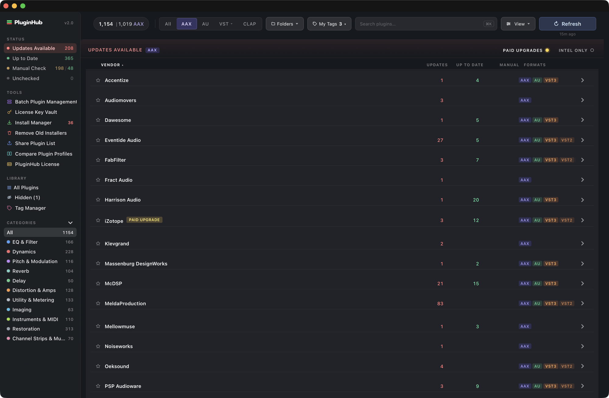 Ledger layout: one row per vendor with Updates, Up to date, Manual and Formats columns