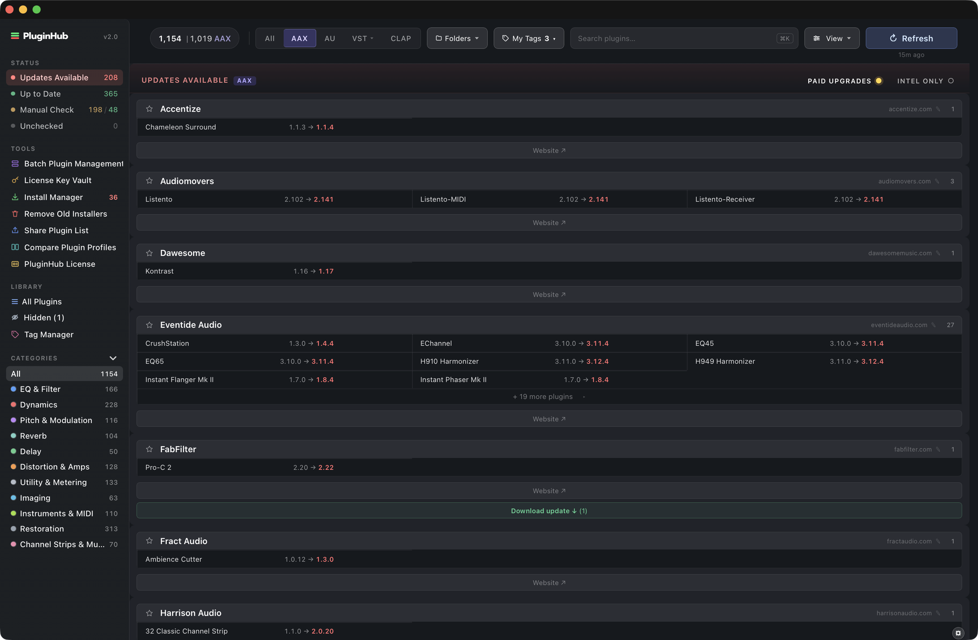 List layout: full-width vendor blocks with several plugins per line showing installed and available versions
