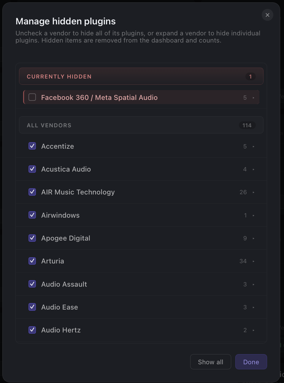 Manage hidden plugins modal: a Currently hidden list at the top, then every vendor with a checkbox and a plugin count, and Show all / Done at the bottom