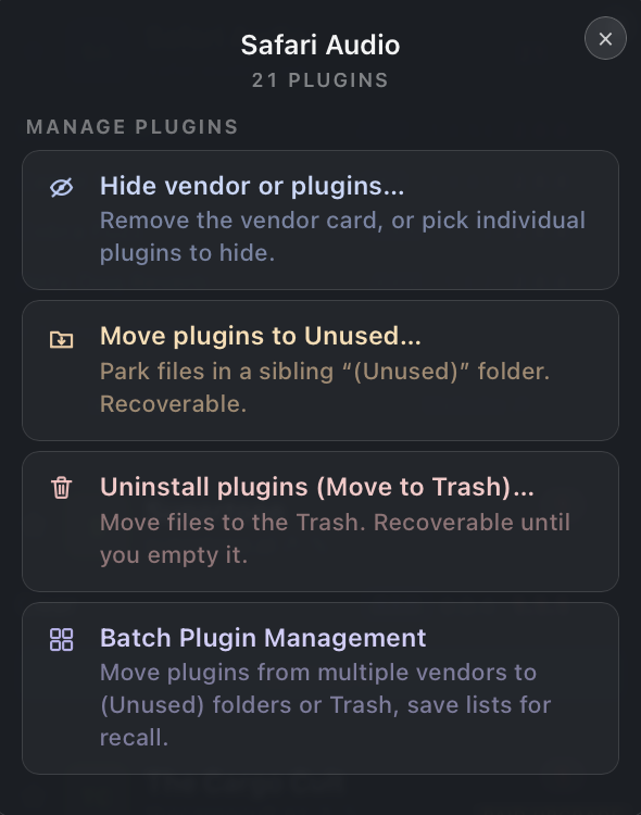 Vendor Manage panel showing Hide vendor, Choose plugins to hide, Move plugins to Unused, and Uninstall actions