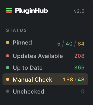 Sidebar Status section with a Pinned row above Updates Available, showing three counts: 5 with updates, 40 up to date, 84 manual