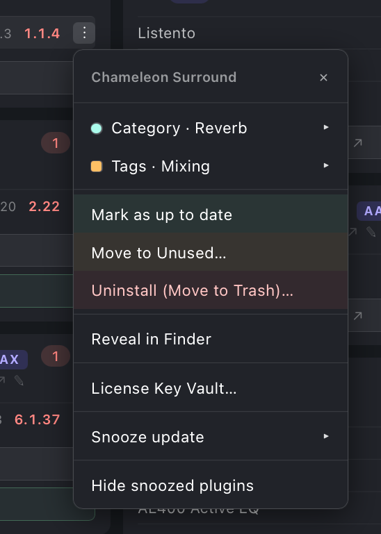 Right-click context menu on a plugin row showing Reveal in Finder, Move to Unused, and Uninstall (Move to Trash)