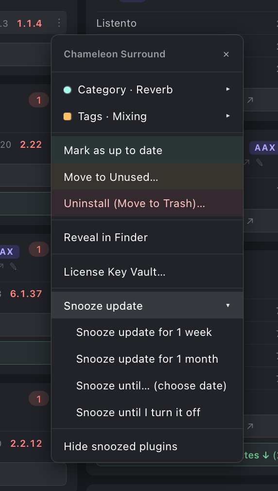 Plugin row menu on an Updates Available row with four snooze options: 1 week, 1 month, choose date, and until I turn it off