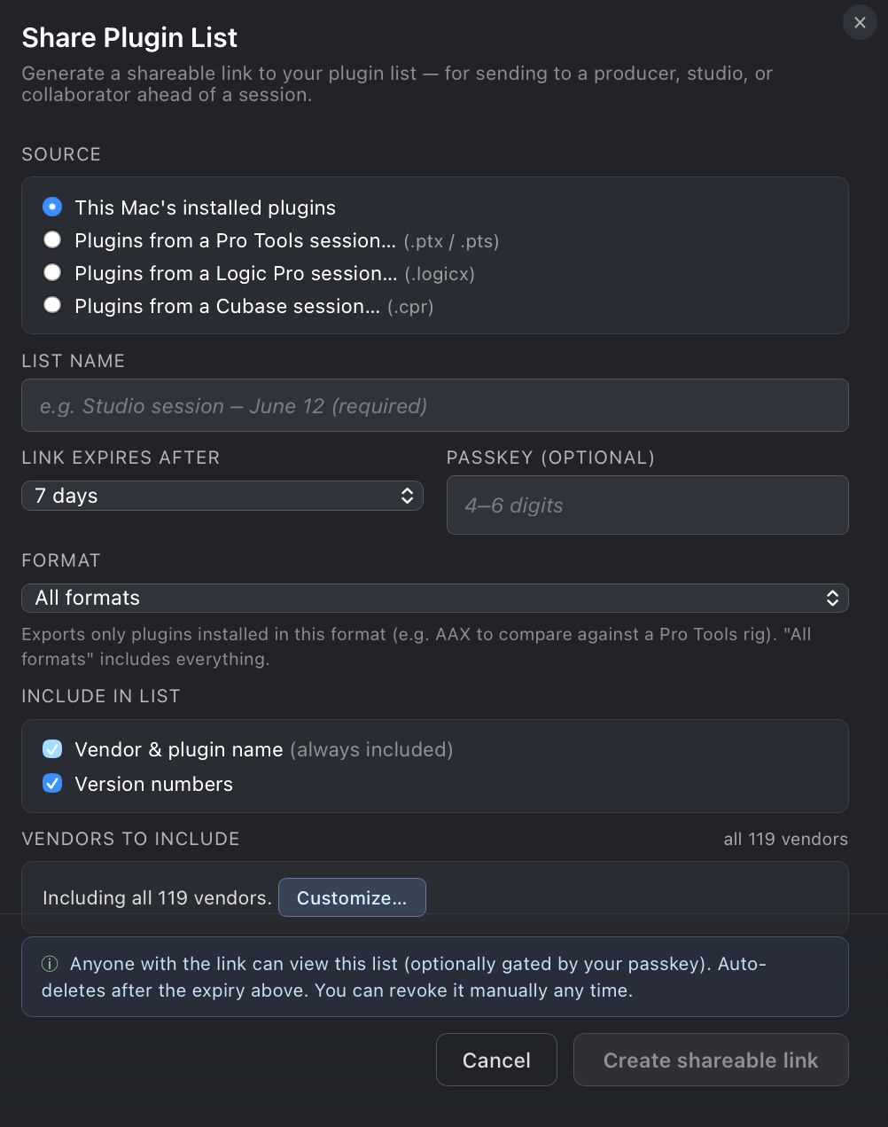 Share Plugin List modal — label, expiry, optional passkey, format filter, include-in-list checkboxes, exclude-vendors picker, and session import sources for Pro Tools, Logic, and Cubase.