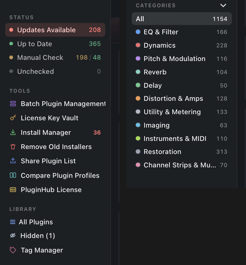 The PluginHub sidebar: Status, Tools, Library and Categories sections, each row with an icon, a label and a count