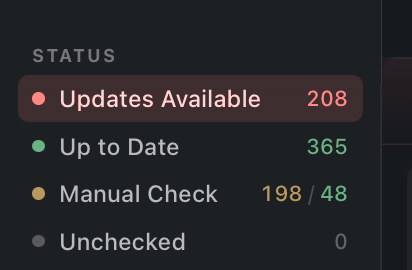 Sidebar Status section with Updates Available, Up to Date, Manual Check and Unchecked rows and their counts