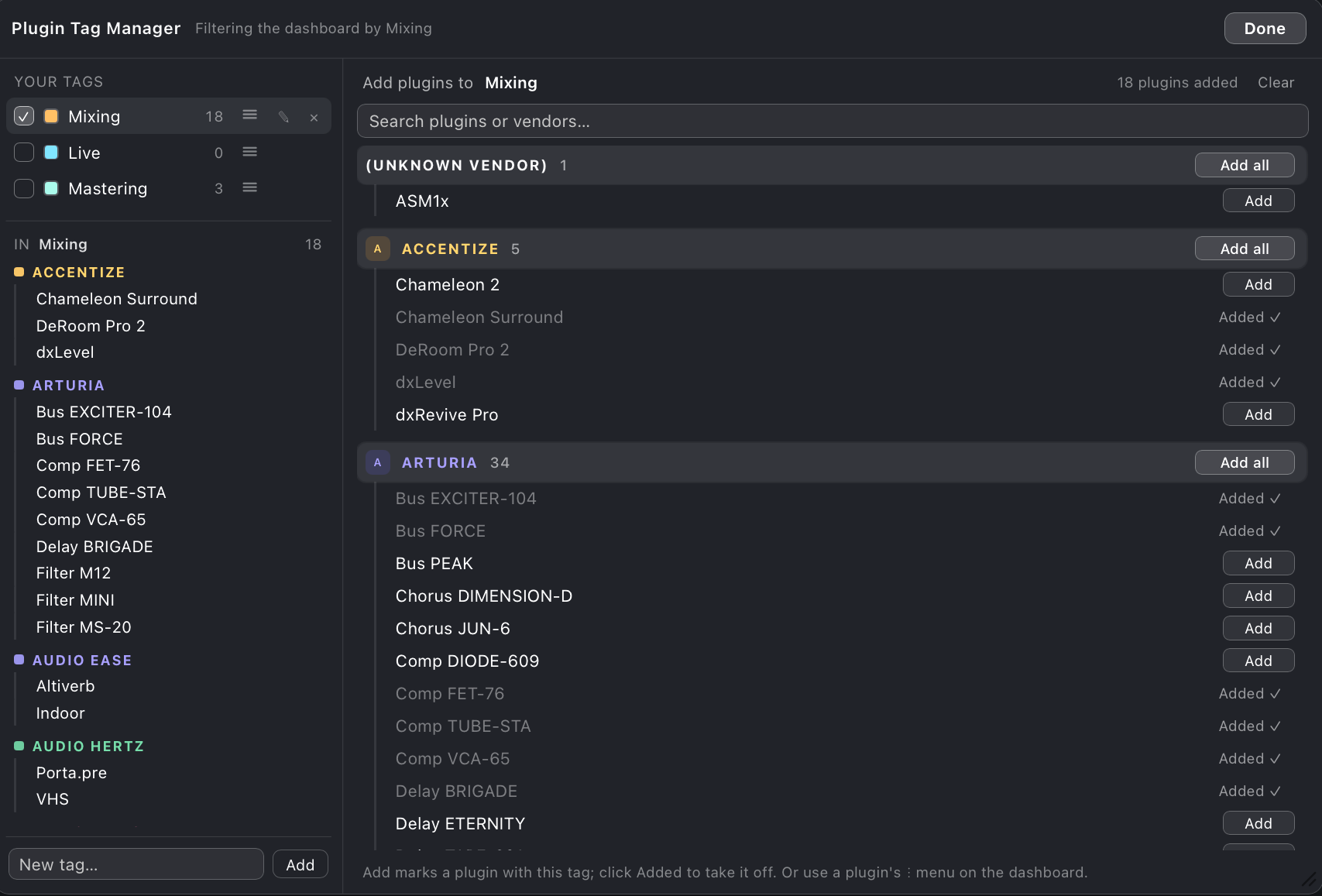 Tag Manager: tag list with counts on the left, plugin picker grouped by vendor on the right with Add and Add all buttons