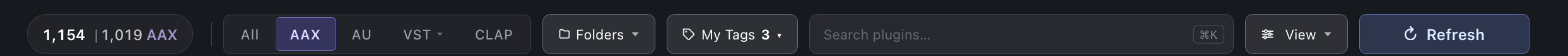 Top bar: plugin count, All / AAX / AU / VST / CLAP segments, Folders and My Tags chips, search field, View menu and Refresh