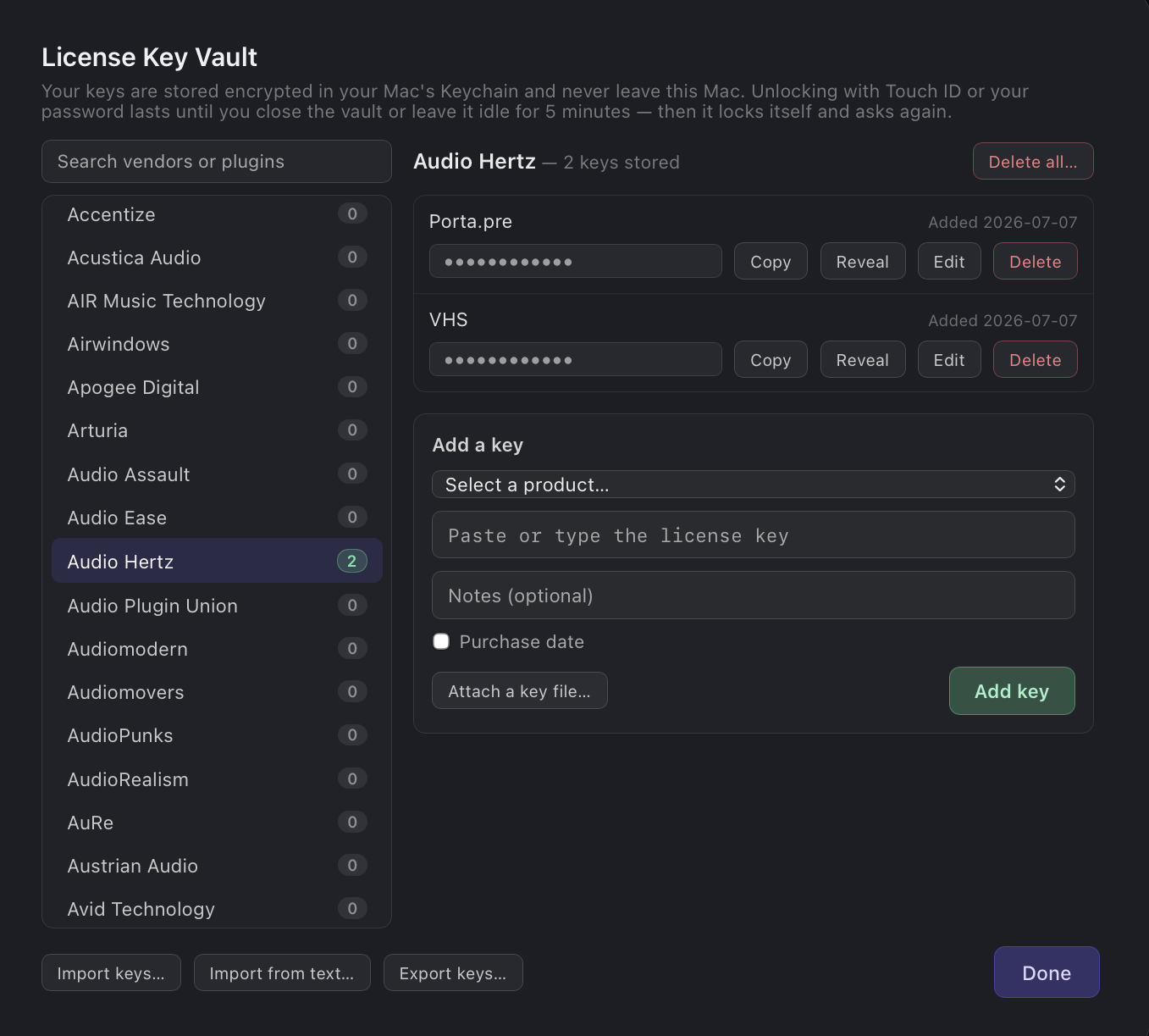License Key Vault window: a searchable vendor list with per-vendor key counts on the left; on the right, two masked keys for Audio Hertz with Copy, Reveal, Edit, and Delete buttons plus a Delete all button, an Add-a-key form with a product picker, notes, and a purchase-date checkbox, and Import keys and Export keys buttons in the footer.
