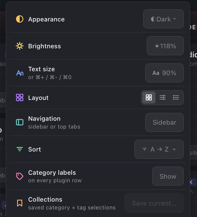 The View menu open showing Appearance, Brightness, Text size, Layout, Navigation, Sort, Category labels and Collections