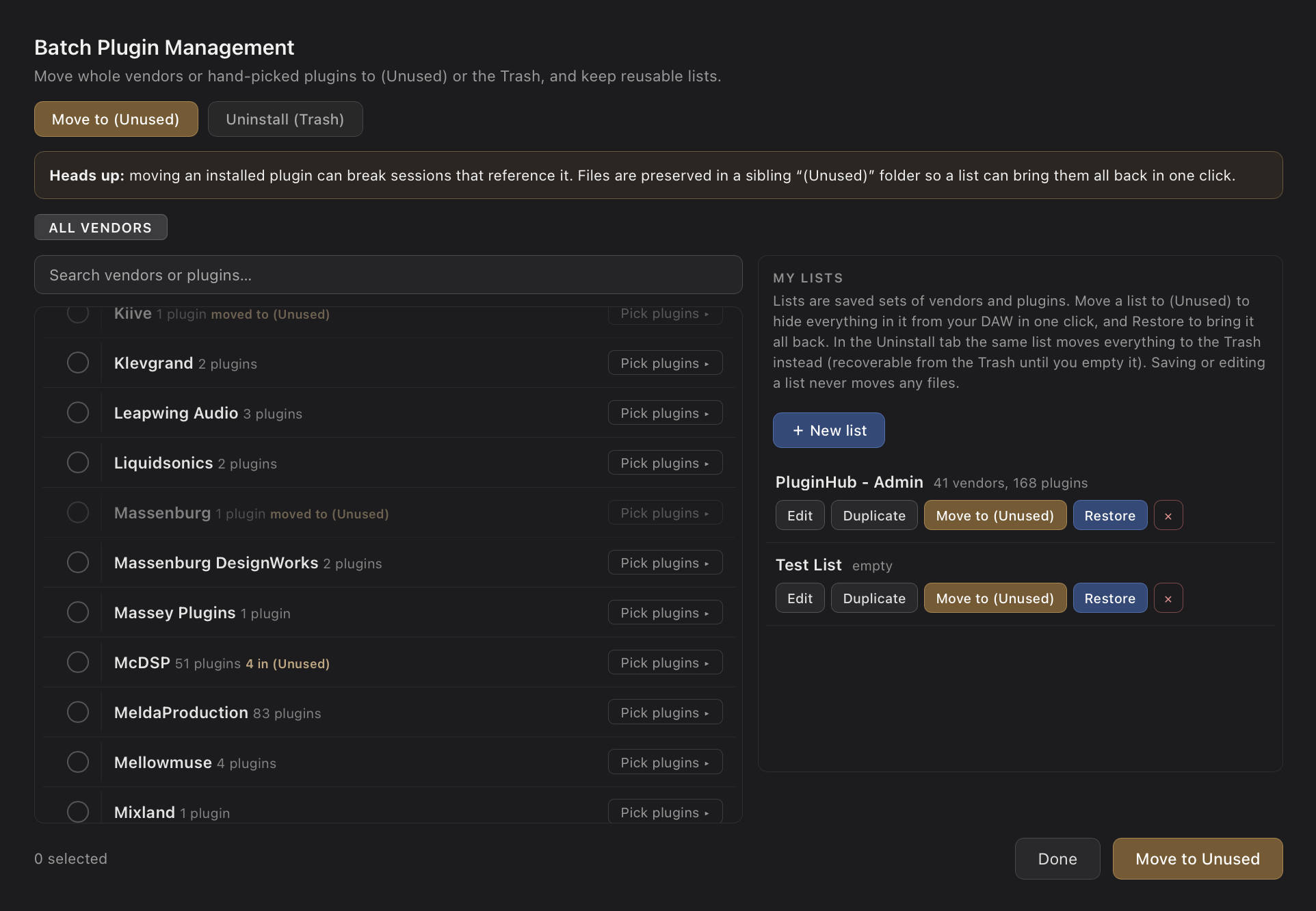 Batch Plugin Management window: vendor list with per-vendor plugin pickers and search on the left, and the My Lists panel with saved lists, Move to (Unused), and Restore on the right.