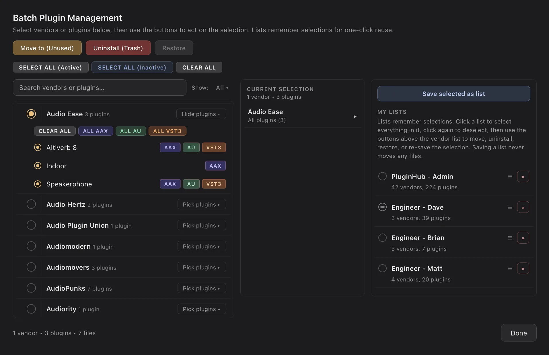 Batch Plugin Management window: Move to (Unused), Uninstall, and Restore buttons above a searchable vendor list with per-vendor and per-format plugin pickers, a current selection summary, and the My Lists panel showing saved lists for each engineer.
