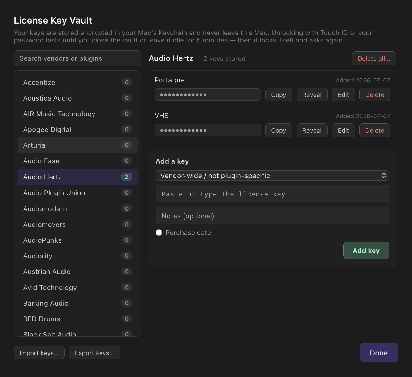 License Key Vault window: a searchable vendor list with per-vendor key counts on the left; masked keys with Copy, Reveal, Edit, Delete, and Delete all buttons on the right, an Add-a-key form, and Import keys and Export keys buttons in the footer.