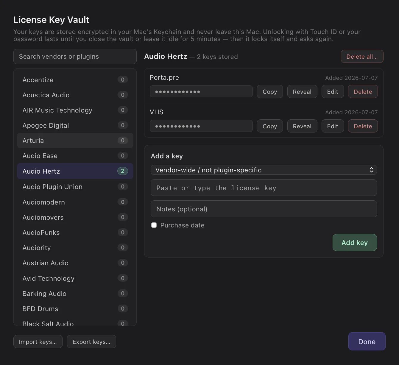 License Key Vault window: a searchable vendor list with per-vendor key counts on the left; masked keys with Copy, Reveal, Edit, Delete, and Delete all buttons on the right, an Add-a-key form, and Import keys and Export keys buttons in the footer.