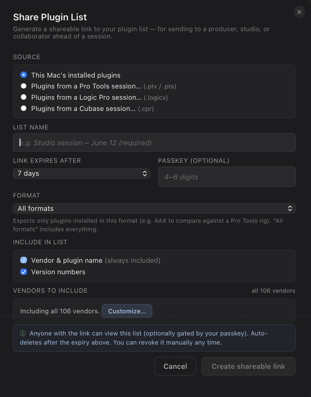 Share Plugin List — dialog with source options for this Mac's installed plugins or a Pro Tools, Logic Pro, or Cubase session