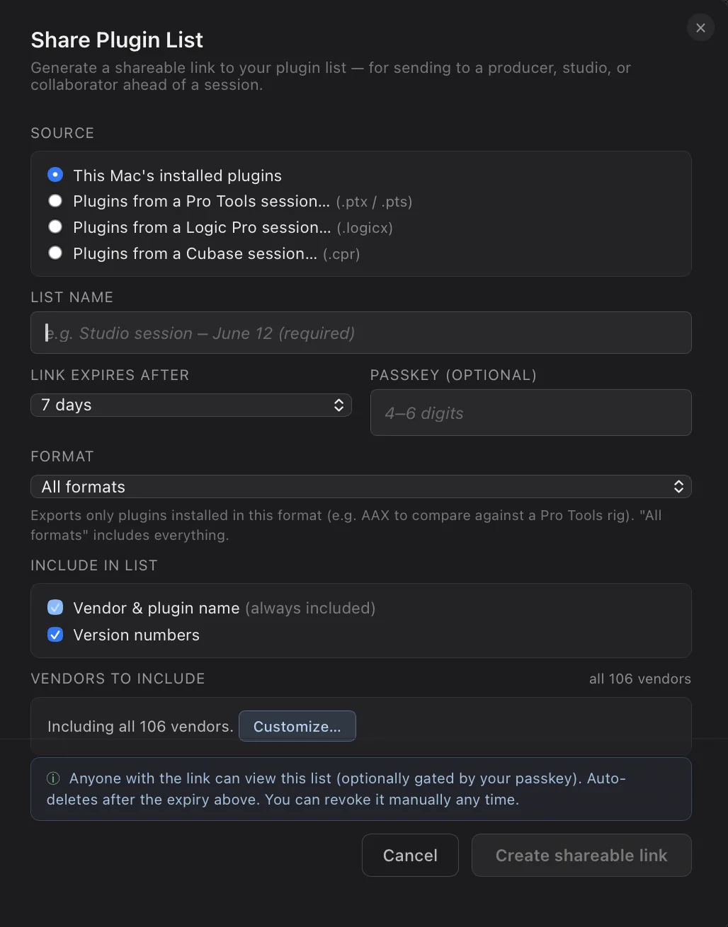 Share Plugin List — dialog with source options for this Mac's installed plugins or a Pro Tools, Logic Pro, or Cubase session