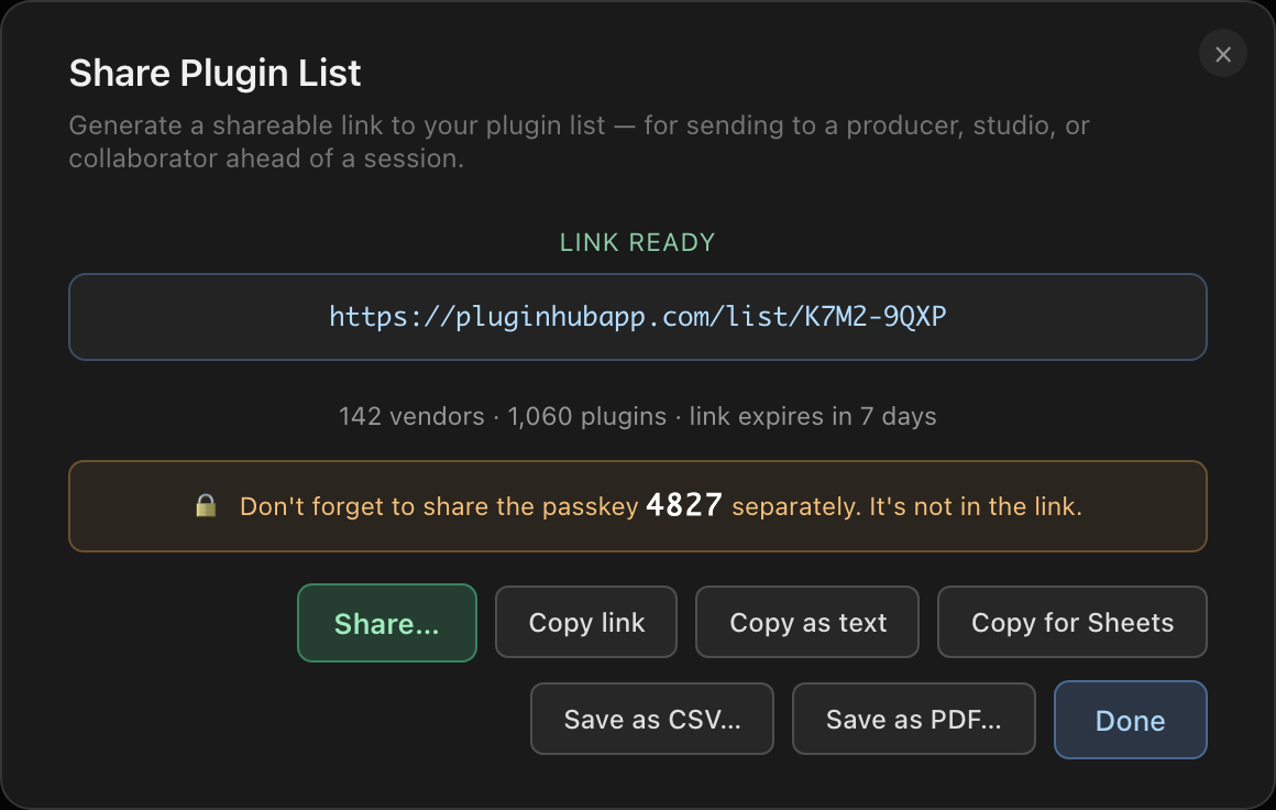 Share Plugin List done screen with code, copy buttons, expiry note.