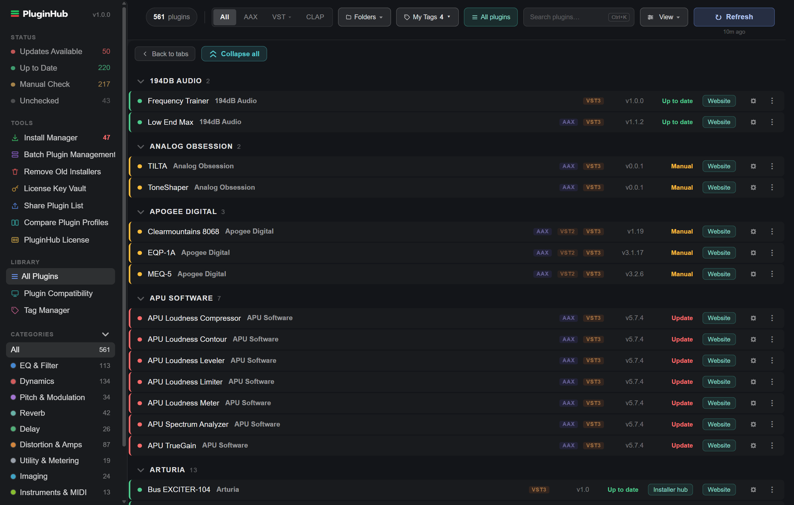 The All Plugins view: plugins grouped by vendor with formats, installed version, status, Website and row actions, and Back to tabs and Collapse all at the top