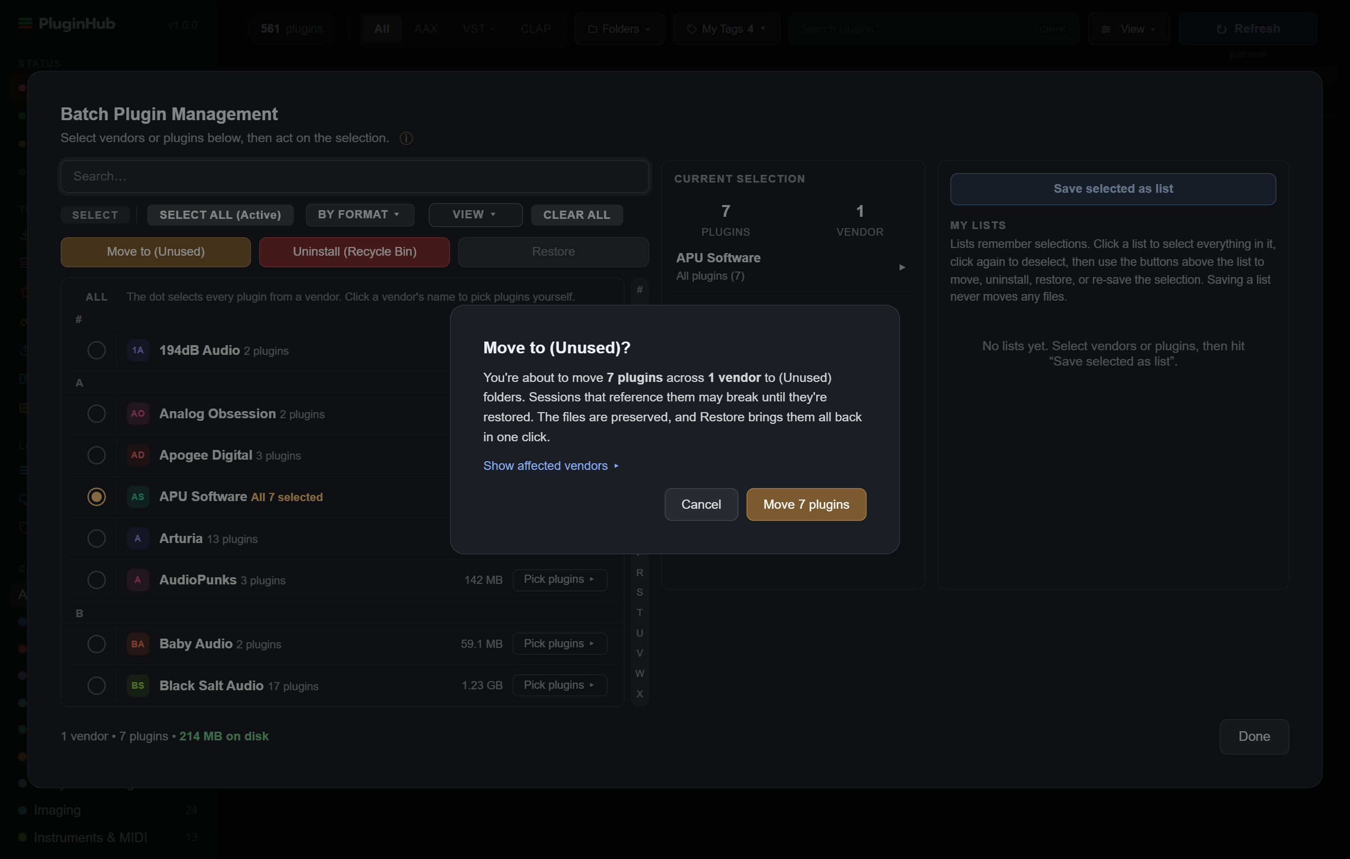 Move to (Unused)? confirmation over the Batch Plugin Management window, with Cancel and Move buttons