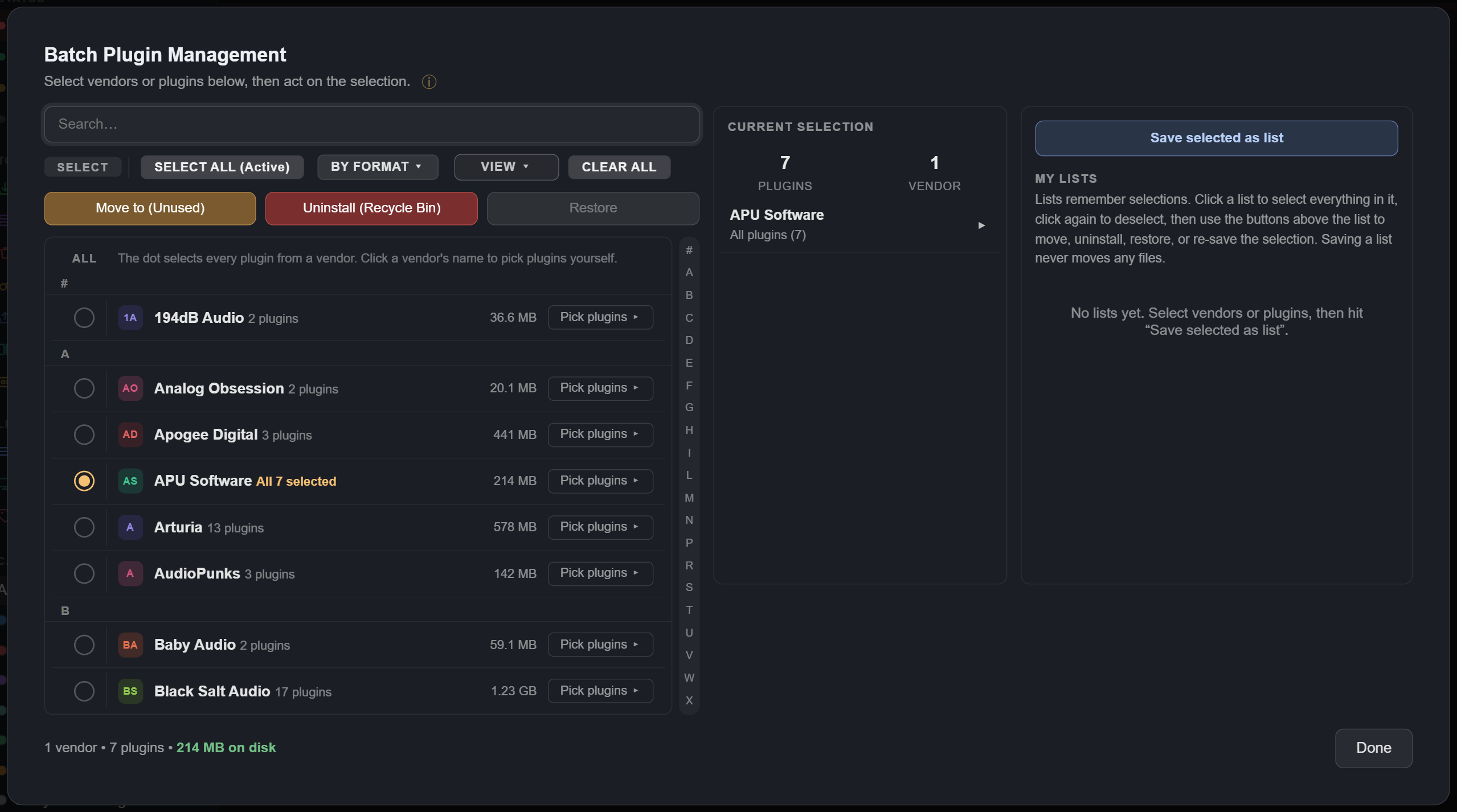 Batch Plugin Management window: search, SELECT ALL (Active), BY FORMAT and VIEW, Move to (Unused), Uninstall (Recycle Bin) and Restore buttons, the vendor list with the ALL dot column, sizes and Pick plugins, APU Software picked with its dot and reading All 7 selected, the current selection in the middle, and saved lists on the right