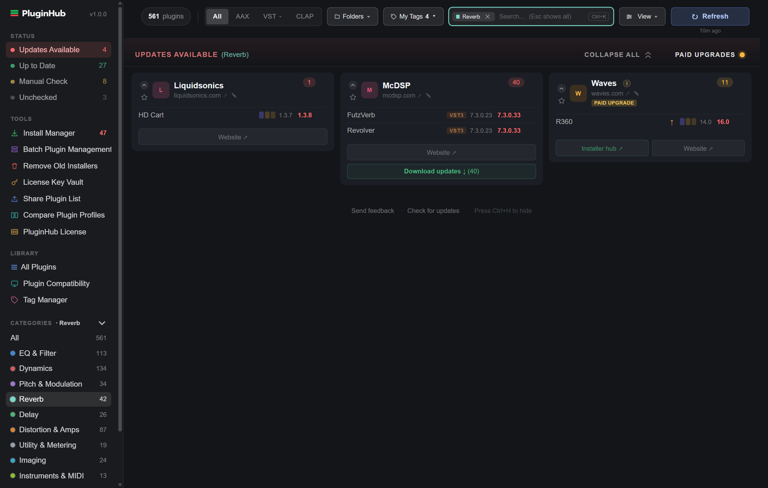 Dashboard filtered to the Reverb category: the sidebar Reverb row highlighted, a Reverb chip in the search field, and only reverbs on the vendor cards