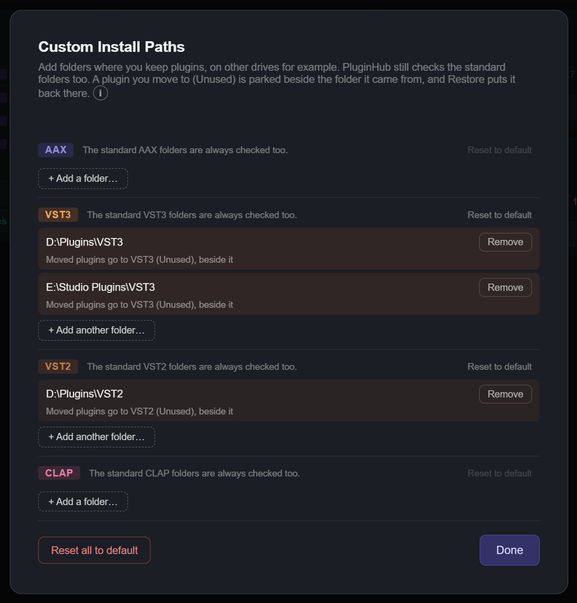 Custom Install Paths: for each format, a note that its standard folders are always checked too, the folders you added with a Remove button and a Moved plugins go to line each, Add a folder or Add another folder, Reset to default, and Reset all to default