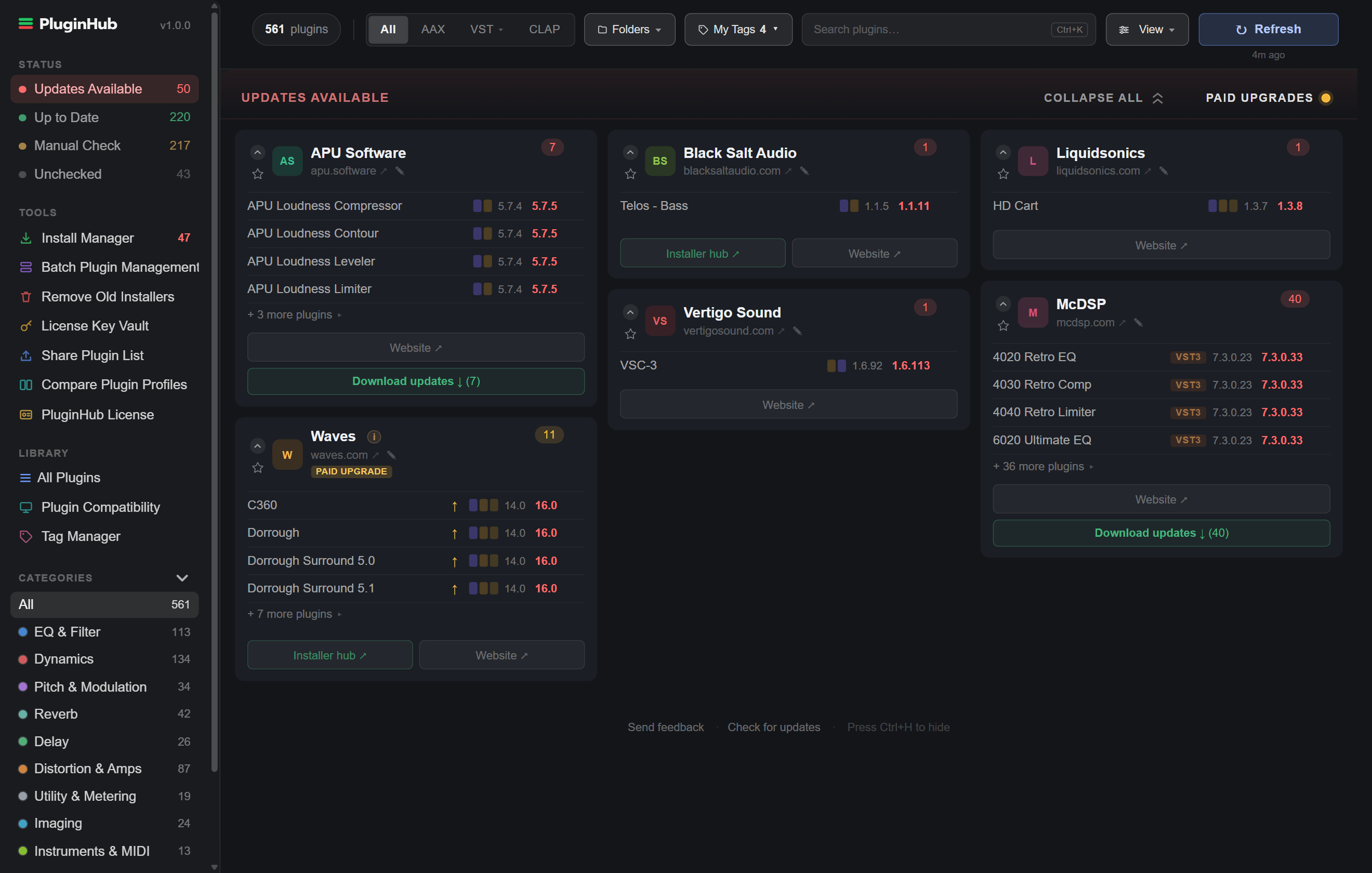 PluginHub for Windows dashboard: sidebar on the left with Status, Tools, Library and Categories, vendor cards in the middle, format filter, Folders, My Tags, search, View and Refresh across the top