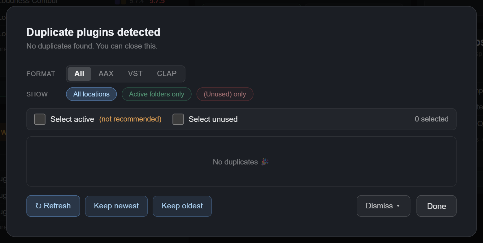 Duplicate plugins detected window with Format and Show filters, Select active and Select unused, and Refresh, Keep newest, Keep oldest, Dismiss and Done