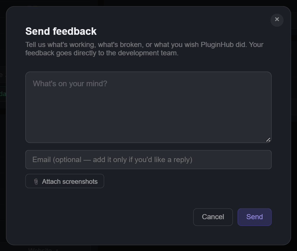 Send feedback: message, optional email, Attach screenshots, Cancel and Send