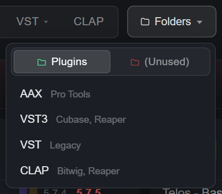Folders dropdown with the Plugins tab active: AAX (Pro Tools), VST3 (Cubase, Reaper), VST (Legacy), CLAP (Bitwig, Reaper)
