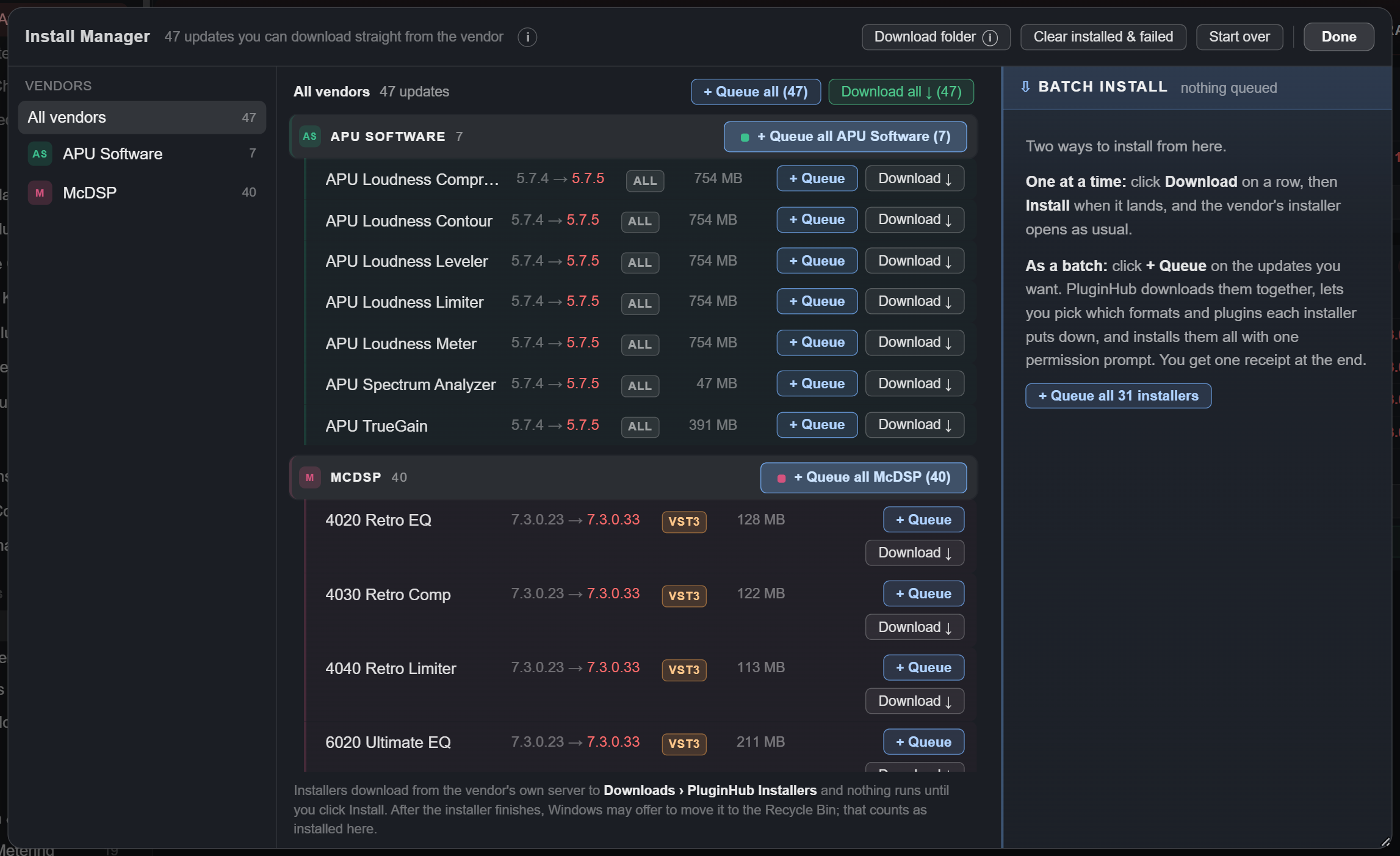 Install Manager: vendors on the left, one row per available update with Queue and Download buttons in the middle, the batch install panel on the right