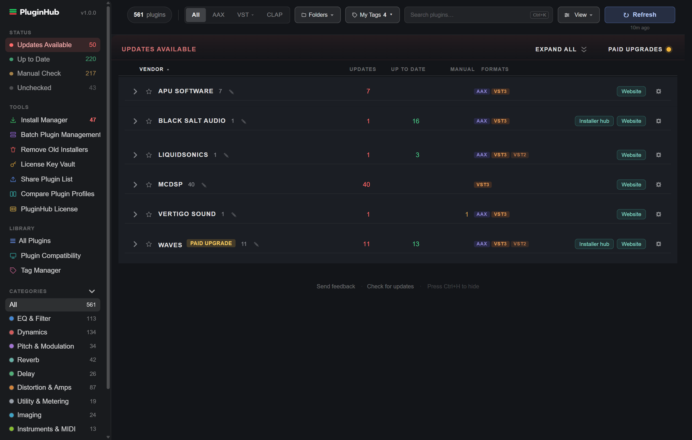 Ledger layout: one row per vendor with Updates, Up to date, Manual and Formats columns