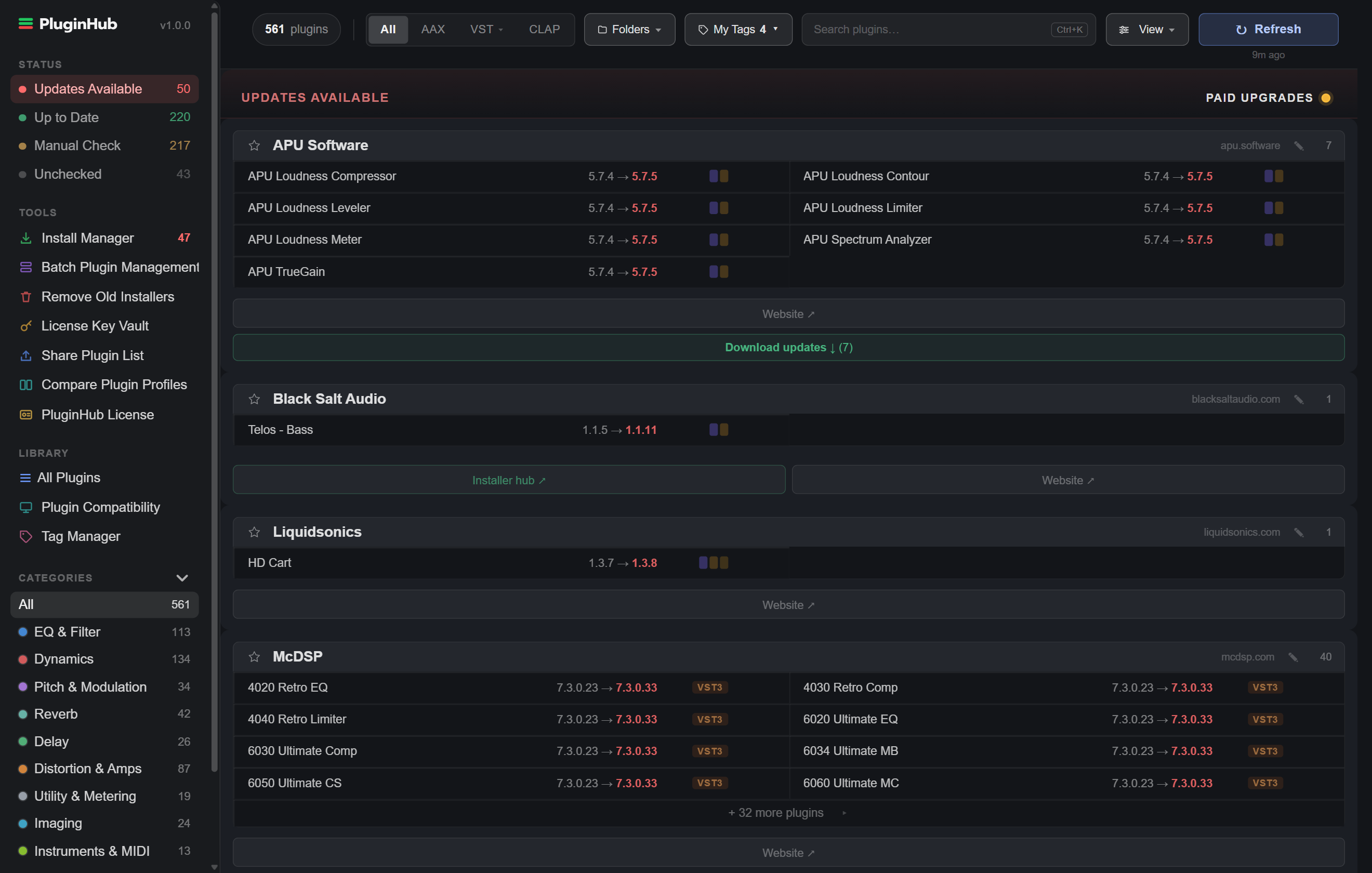 List layout: full-width vendor blocks with several plugins per line showing installed and available versions