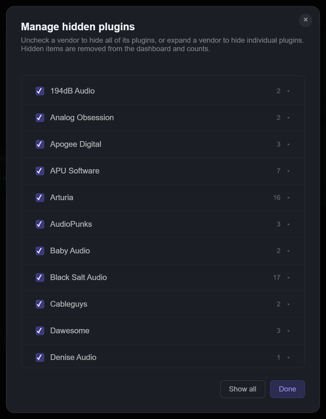 Manage hidden plugins: every vendor with a checkbox and a plugin count, Show all and Done at the bottom