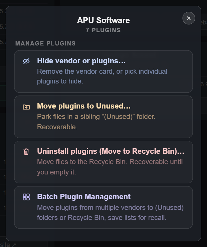 Vendor manage panel for APU Software: Hide vendor or plugins, Move plugins to Unused, Uninstall plugins (Move to Recycle Bin), and Batch Plugin Management