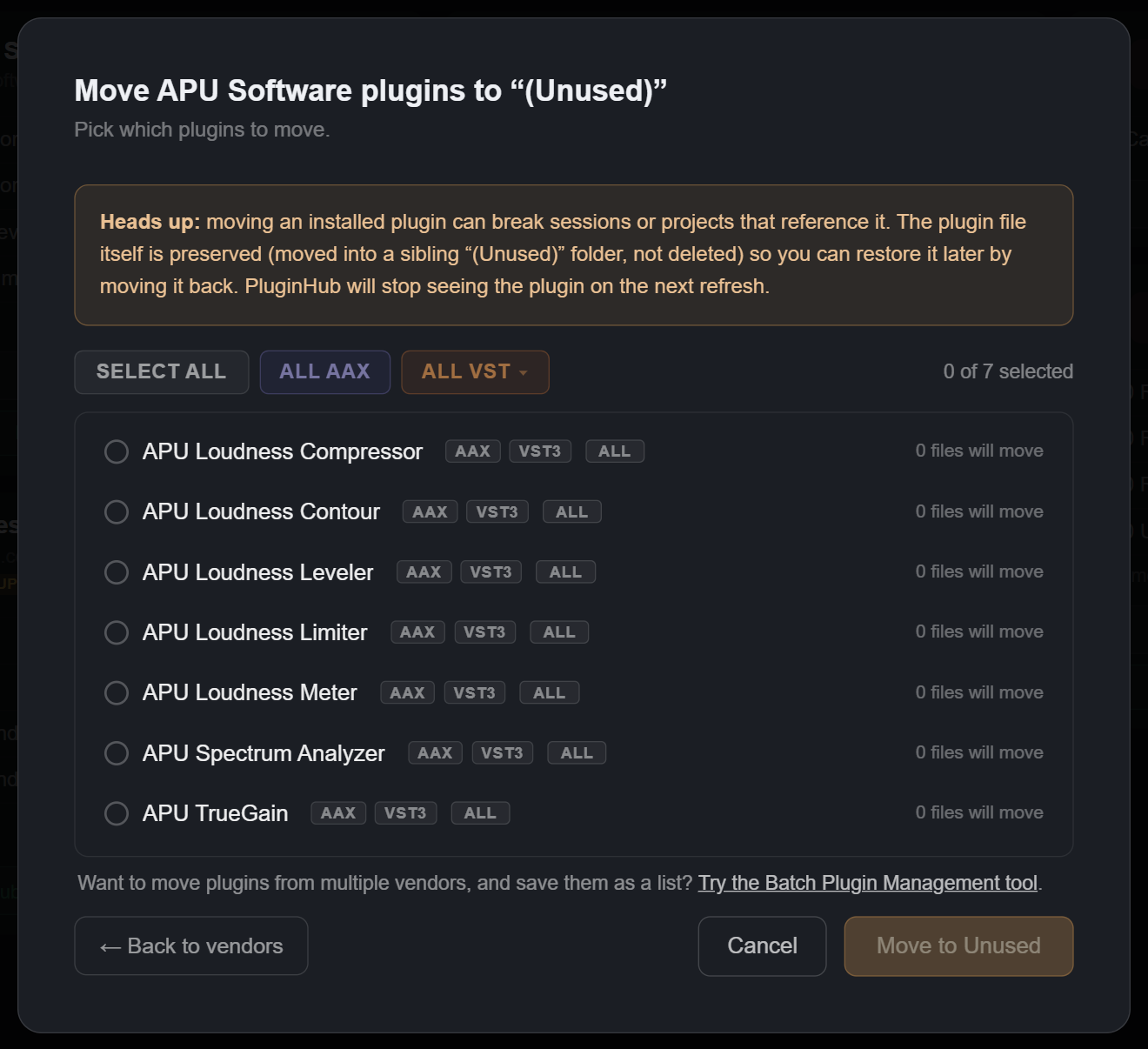 Move APU Software plugins to (Unused): a heads-up note, SELECT ALL / ALL AAX / ALL VST pills, one row per plugin with format chips, Cancel and Move to Unused