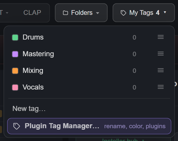 My Tags dropdown open in the top bar listing your tags with New tag and Plugin Tag Manager below