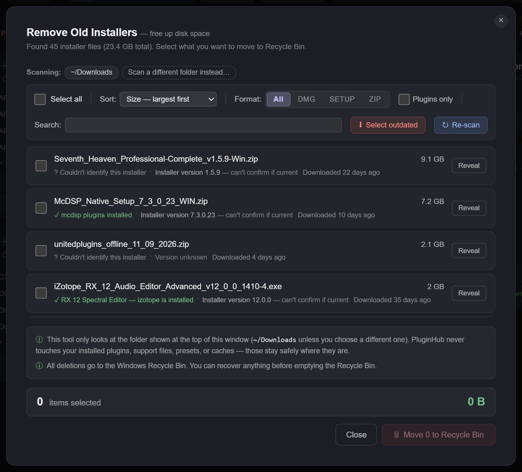 Remove Old Installers: installer files in Downloads with sizes, what PluginHub recognised about each, Reveal buttons, Select outdated and Re-scan, and Move to Recycle Bin